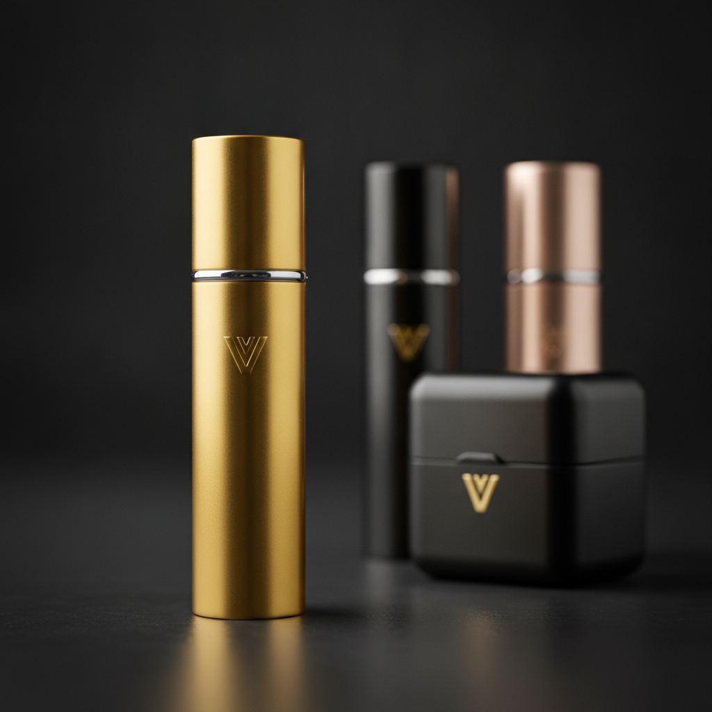 Macro detail of fragrance bottle, glass and atomiser against deep shadow